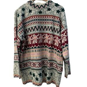 Vintage Knit Christmas Fair Isle Poinsettia Oversized Sweater Size Large